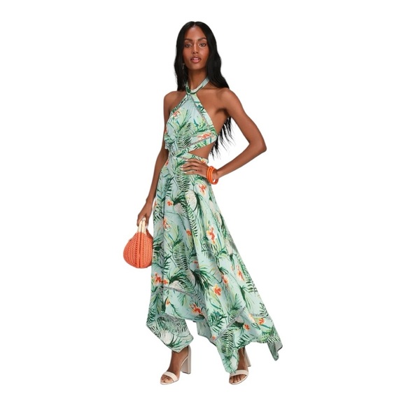 Lulus St Tropez Mint Blue Leaf Print Halter Dress Size L - Picture 1 of 16